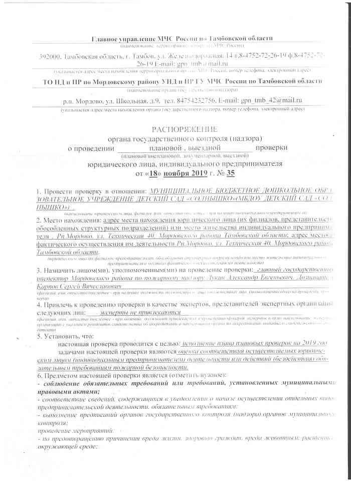 Распоряжение органа государственного контроля надзора о проведении плановой выездной проверки СТР 1