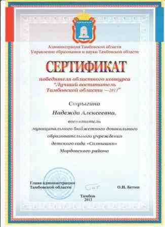 Сертификат победителя Стрыгина Н. А.